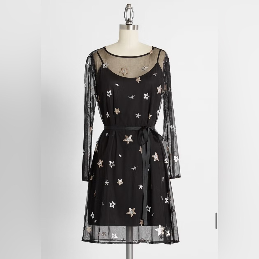 ModCloth Stalight Dance Floor Mini Black & Silver Star Dress